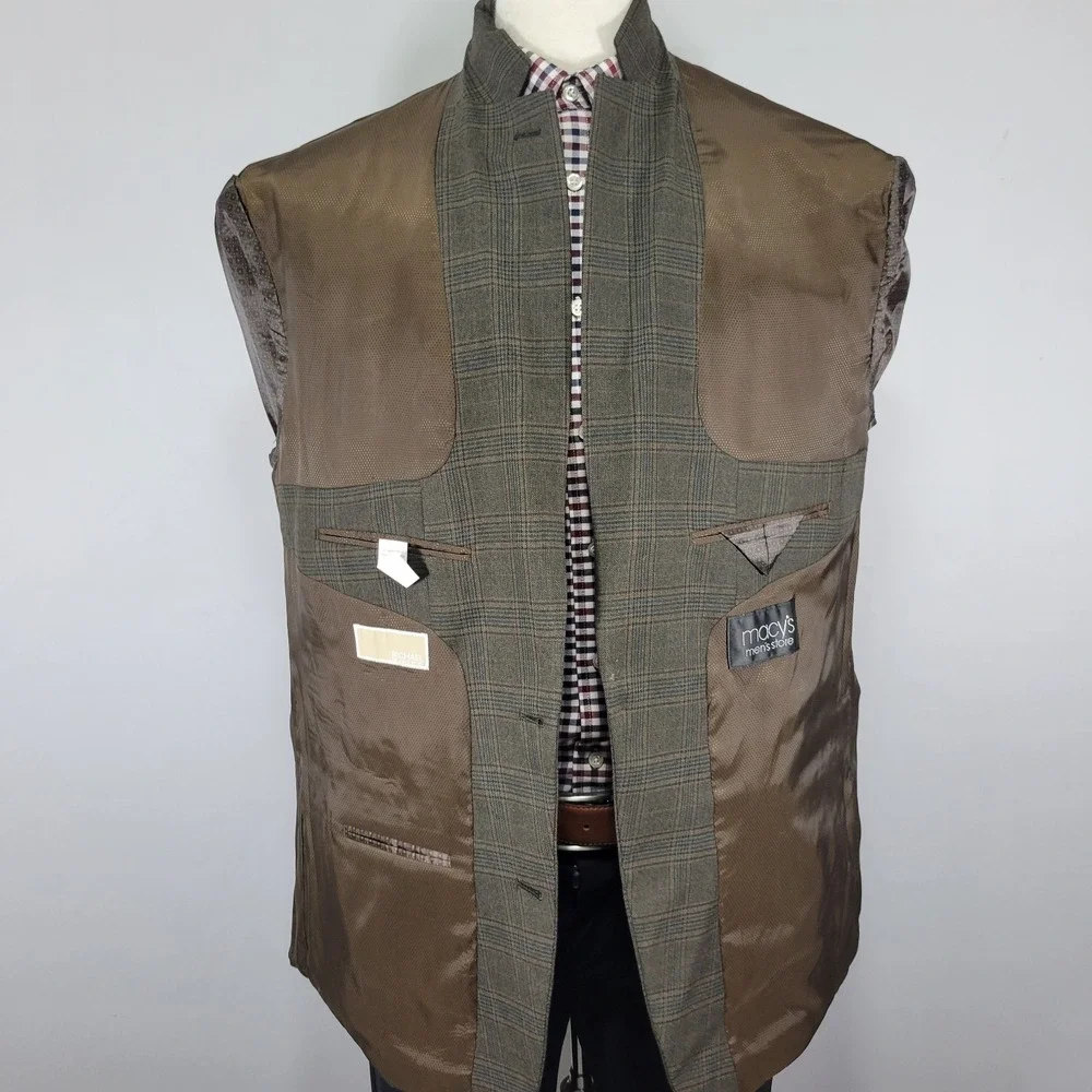 Michael Kors Men's Sport Coat Blazer Two Button Olive Brown Plaid Poly Rayon 48R